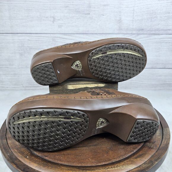 Ariat Brown Leather Clogs Embossed Detail Womens Sz 6.5 Western Comfort - Picture 8 of 9
